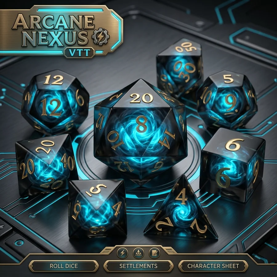 A full 7-piece set of glowing magitech polyhedral dice with arcane cores